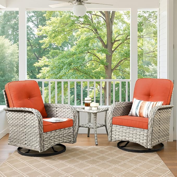 Swivel Patio Chairs Set of 2, Outdoor Wicker Rocker Glider Chair with Coffee Table, Modern Comfy Patio Furniture Sets for Porch Balcony Sunroom, Red