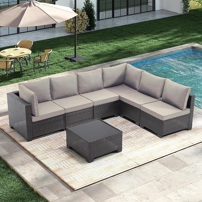 CANMOV 7 Pieces Patio Furniture SetsAll Weather Outdoor Patio Conversation Set, PE Wicker Rattan Sectional Sofa Couch Glass Coffee Table and Washable Cushions for Backyard Garden, Khaki