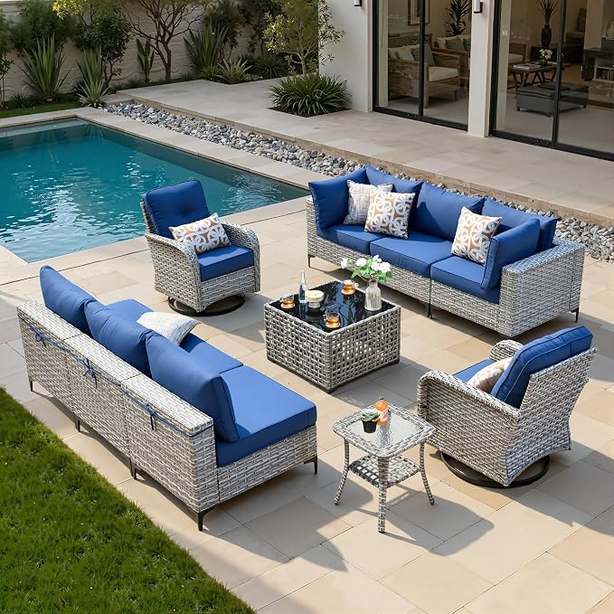 10 Pieces Patio Sectional Furniture Set, Outdoor Wicker Sectional Couch with High Back Swivel Rocker Chairs Solar Lights Table, Modern Conversation Set for Porch Balcony Backyard, Navy Blue