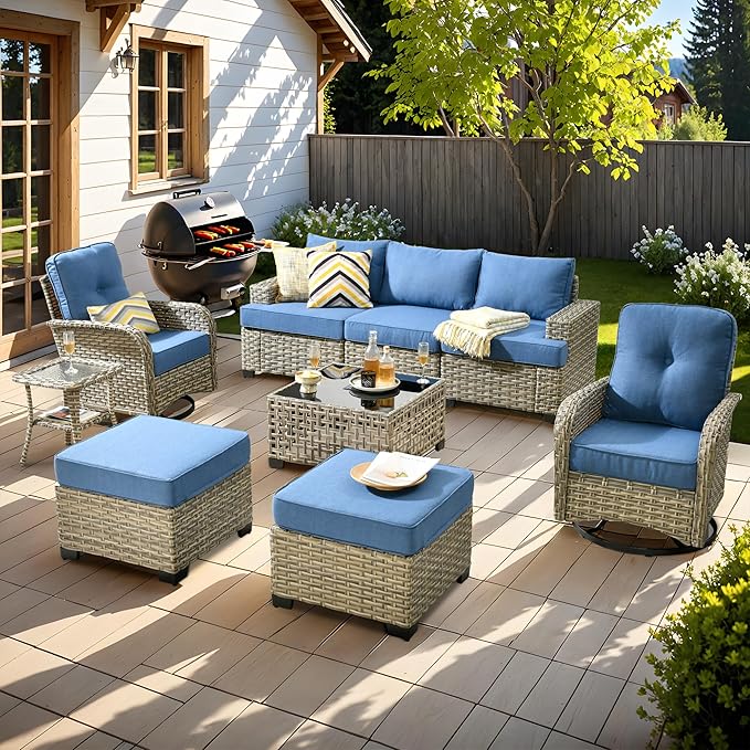 9 Pcs Outdoor Sectional Patio Furniture Set with Swivel Rocking Chair and Ottomans - All Weather Wicker Outside Sectional Couch,Patio Seating Outdoor Conversation Sets for Deck Yard Garden,Blue