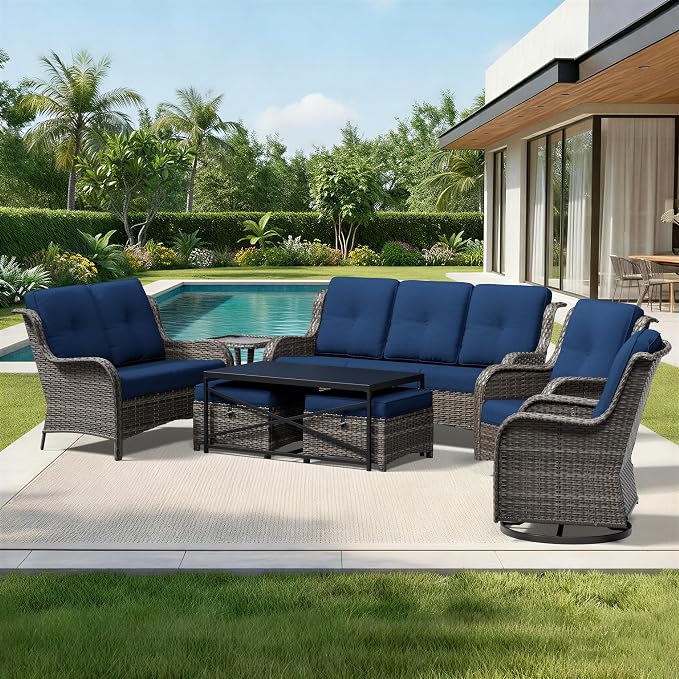 Joyside 8 Piece Wicker Patio Furniture Set, Outdoor Swivel Rocker Patio Chairs with High Back, Deep Seating, Wide Armrest, Thickened Cushions, Outdoor Furniture for Deck, Porch Use