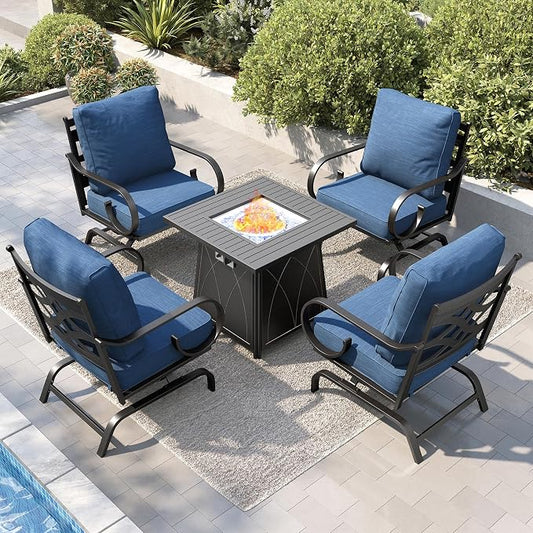 PHI VILLA Patio Furniture Set, 4 Rocking Chairs and a 28" Square Fire Pit Table, Outdoor Metal Conversation Set with 5.75" Extra Thick Cushion for Garden Backyard Deck, Navy