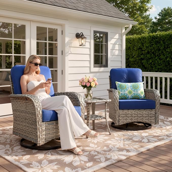 Outdoor Swivel Rocking Chair Set of 2 with Coffee Table, Wicker Patio Glider Chairs with 4 Inch Thick Cushions, 350lbs Capacity High Back Rattan Furniture Set for Sunroom and Small Spaces, Navy Blue