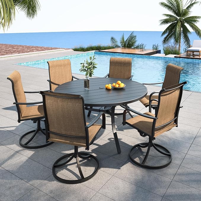 Patio Round Table Set 7 with 54" Round Table, BrownYellow Swivel Chair Sty2 | 6 Piece Swivel Chairs: High Back, Curved Armrest, Textilene Fabric, Rocking; 6-8 Person 54 inch Metal Round Table