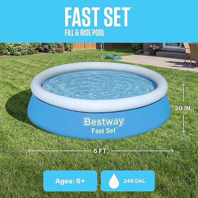 Bestway Fast Set Inflatable Above Ground Pool | 6' x 20" Round | Puncture-Resistant Tritech Material | 248 Gal Capacity | Easy Setup & Storage | Inflatable Top Ring Swimming Pool for Kids