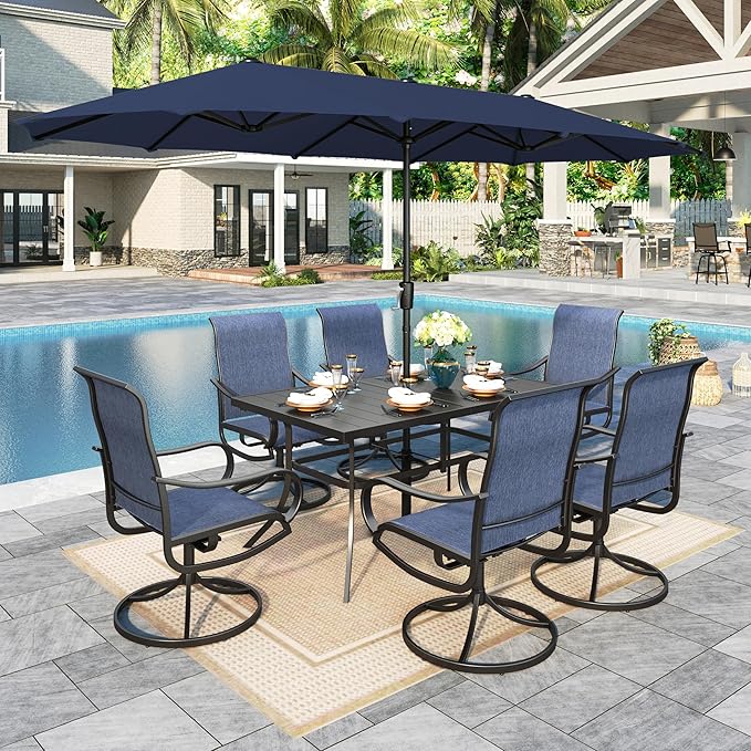 Sophia & William Patio Set with Umbrella 8 Pieces Outdoor Dining Set for 6 with 13ft Umbrella Navy Blue, 6 x Blue Swivel Patio Chairs with 59" Dining Table for Lawn Garden (No Umbrella Base)