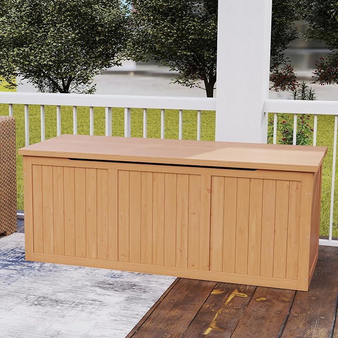 112 Gallon Outdoor Wooden Deck Box Solid Wood Storage Box Seat Table Top for Patio Furniture Cushions, Pool Toys Garden Tools