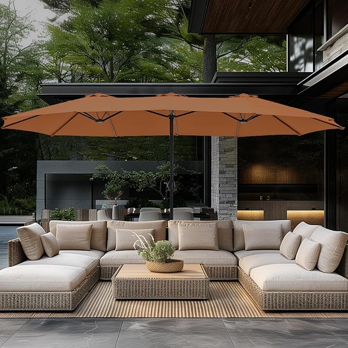 GREEN PARTY 15 ft Rectangular Patio Umbrella with Base Included, Large Double-Sided Outdoor Table Umbrella with Crank, 1.9" Pole UPF 50+ UV Resistant for Pool Deck Backyard Garden, Tawny