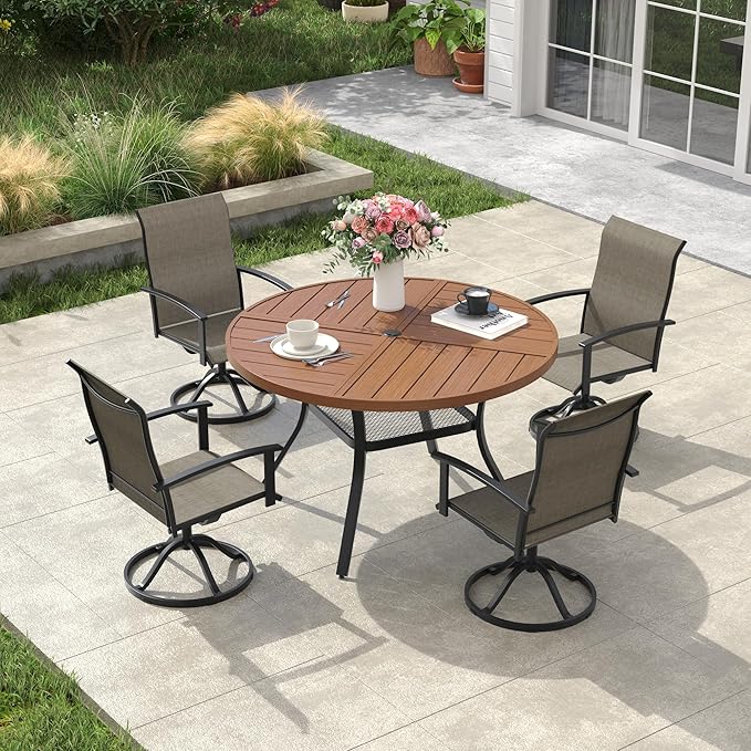 VICLLAX Outdoor Table and Chairs Set for 4, Patio Dining Set of 40.6" Metal Round Patio Table with Umbrella Hole & 4 Swivel Outdoor Dining Chairs for Backyard Lawn, Mixed Brown & Walnut