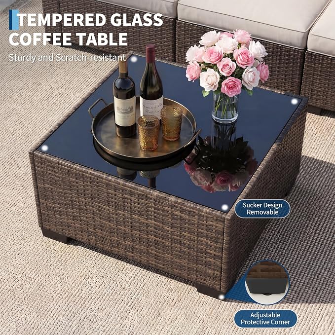 7 PCS Outdoor Sectional Furniture Set, Wicker Conversation Set Sofa, Brown | Freely combinable outdoor conversation sofa Weather resistant rattan wicker furniture Easy clean