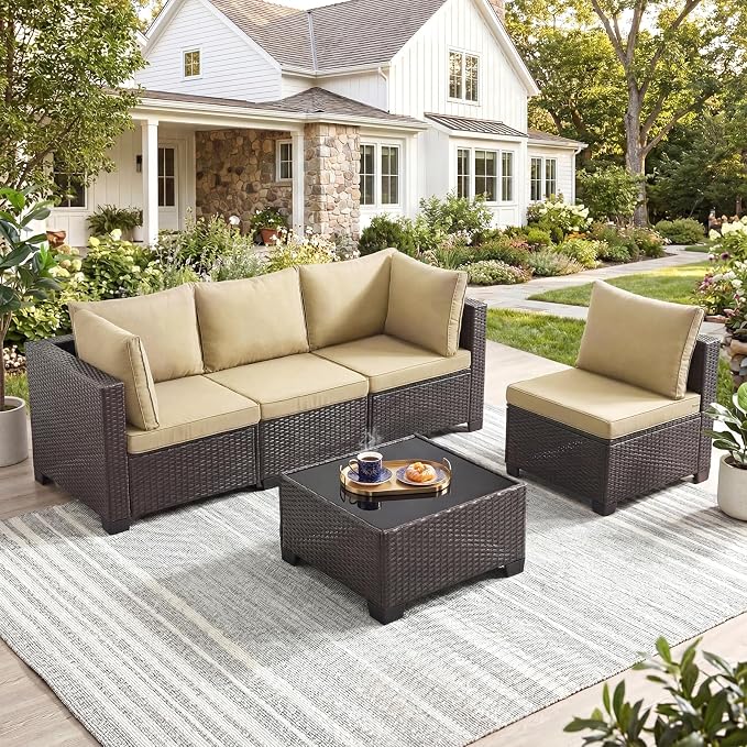 ANJ 5 Piece Outdoor Wicker Patio Furniture Set, Modular Loveseat Sofa with with Glass Top Coffee Table, All-Weather Rattan Conversation Couch Set for Balcony, Backyard, Dark Brown Wicker-Camel