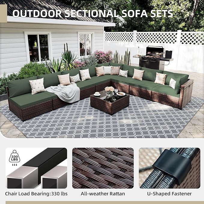 UPHA 9 Pieces Patio Furniture Sets, Wicker Outdoor Sectional Sofa Couch with Coffee Table, Patio Conversation Set for Deck Backyard Garden, Brown Rattan, Pine Green Cushion