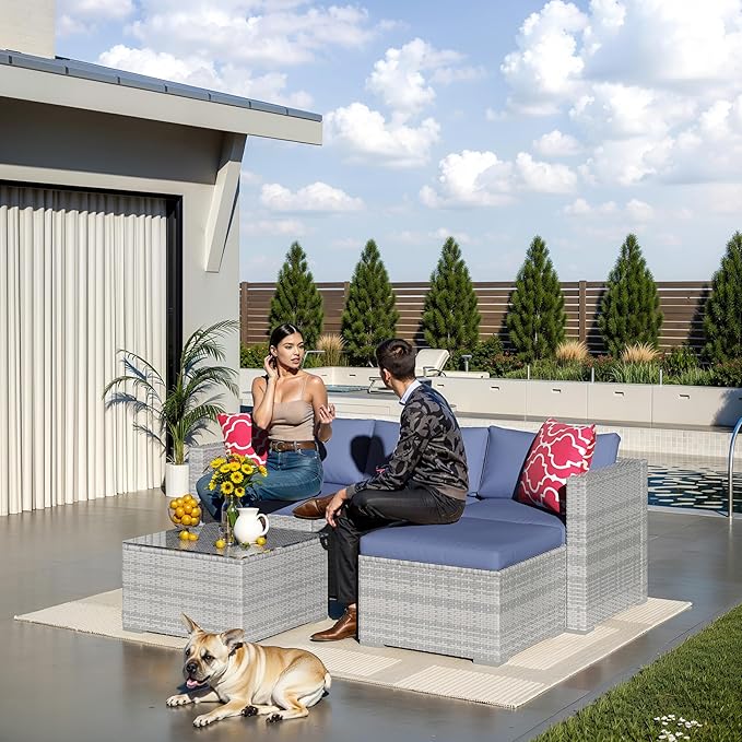 GAOMON 5-Piece Patio Furniture Set, All-Weather PE Rattan Sectional Sofa, Modular Outdoor Conversation Set with Metal Frame, Gray & Blue
