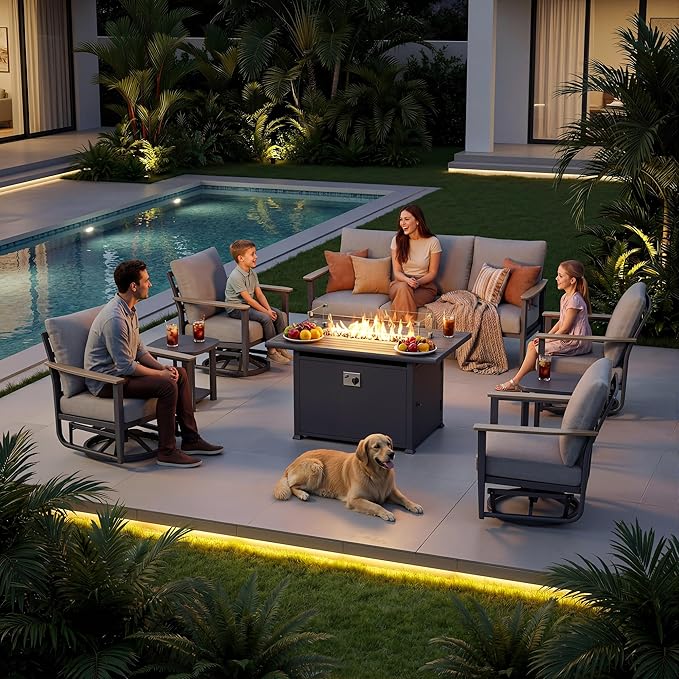 7-Seat Outdoor Patio Furniture Set with Rocking Swivel Chairs, Aluminum Sectional Sofa Patio Conversation Set with 55,000 BTU Fire Pit Table & High Backrest & Thickened Cushions, Grey