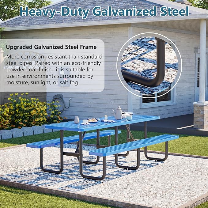 96" Heavy Duty Outdoor Picnic Table for 10, Galvanized Steel Frame with Umbrella Hole, 882LBS Capacity, Mesh Top – Picnic Camping Patio Garden
