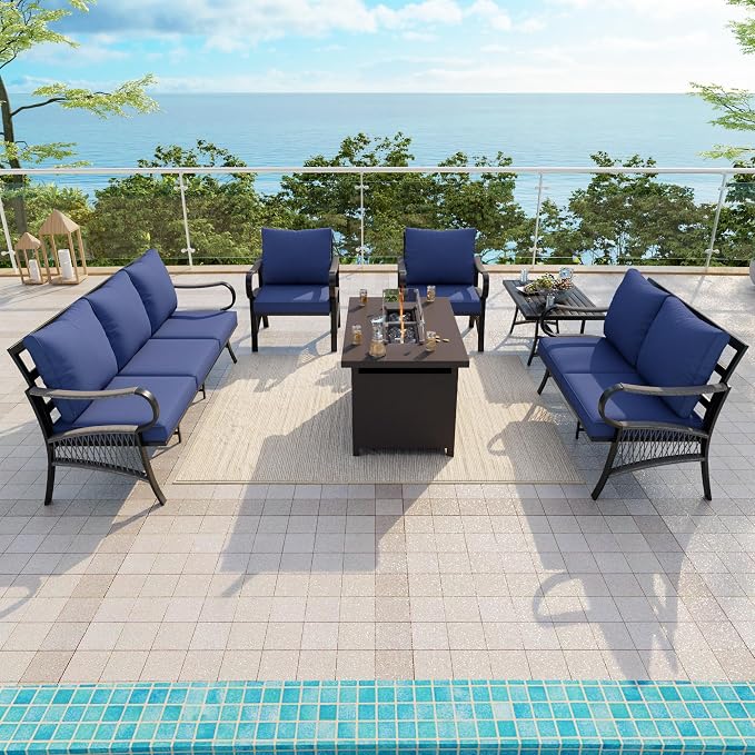 6-Piece Outdoor Furniture Set, Patio Conversation Set Include 3-Seater Sofa Single Chairs Loveseat Couch with Coffee Table and Fire Pit Table for Deck, Porch (Blue Cushions)