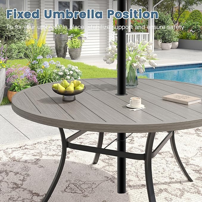 DIFY Patio Dining Set for 10, 11 Piece Outdoor Table and Chairs Set, 63" Grey Wood-Like Round Metal Patio Dining Table and Sandshell Textilene Stackable Patio Chairs, for Backyard Garden Poolside