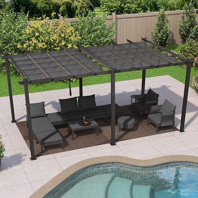 PURPLE LEAF 12' X 18' Outdoor Pergola with Retractable Canopy Aluminum Shelter for Porch Garden Sun Shade Beach Pavilion Grape Trellis Grill Gazebo Modern Backyard Deck Metal Patio Pergola Gray