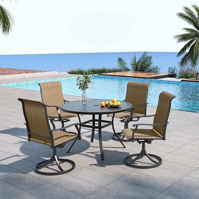 Outdoor 41" Round Table and BrownYellow Swivel Chairs Dining Set of 5 Sty1 | 41 inch Metal Round Table; 4 Piece Swivel Chairs: High Back, Curved Armrest, Textilene Fabric, Rocking; All Weather