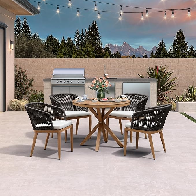 PURPLE LEAF 5 Pieces Patio Round Dining Set Aluminum Frame and Wicker Rattan Round Table and Arm Chairs with Cushions for Garden Porch Kitchen Modern Outdoor Teak