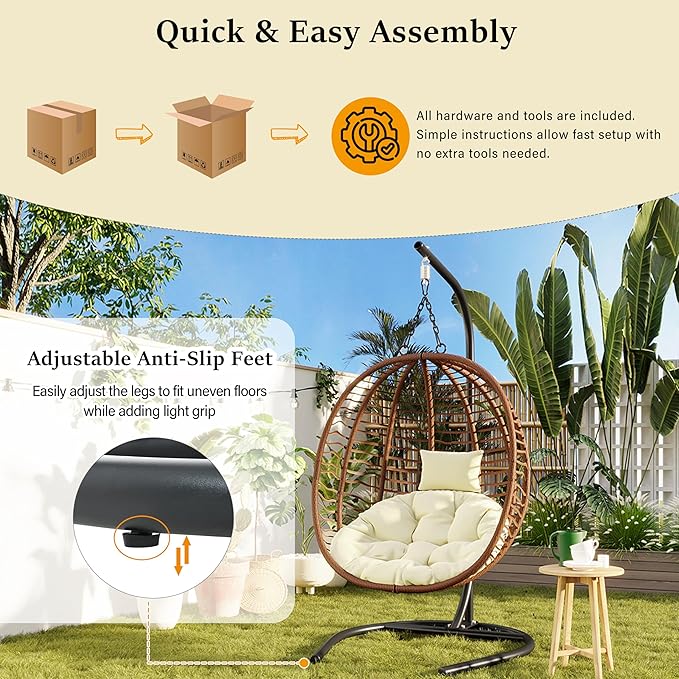 Folding Egg Chair, Outdoor Hanging Hammock Chair with Stand, Patio Wicker Hanging Chair with Iron Frame and Plush Cushion & Removable Headrest for Bedroom, Balcony, Garden (C-BrownBeige)