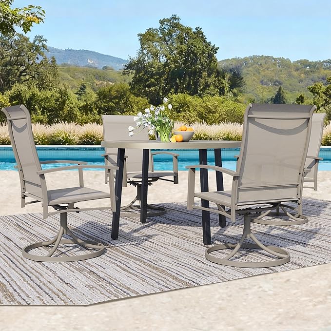 5 Piece Outdoor Patio Dining Set for 4, 42" Honey Oak Round Metal Table with 4 Ivory Beige Swivel Chairs, All-Weather Outdoor Furniture Set for Backyard, Lawn, Deck, or Poolside