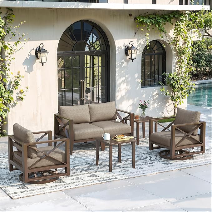 4-Seats Aluminum Outdoor Patio Furniture Set with Swivel Rocking Chairs, Sectional Conversation Sofa with 5.2" Thick Cushions & Coffee Tables, Rust-Resistant Frame for Porch, Garden, Backyard, Brown