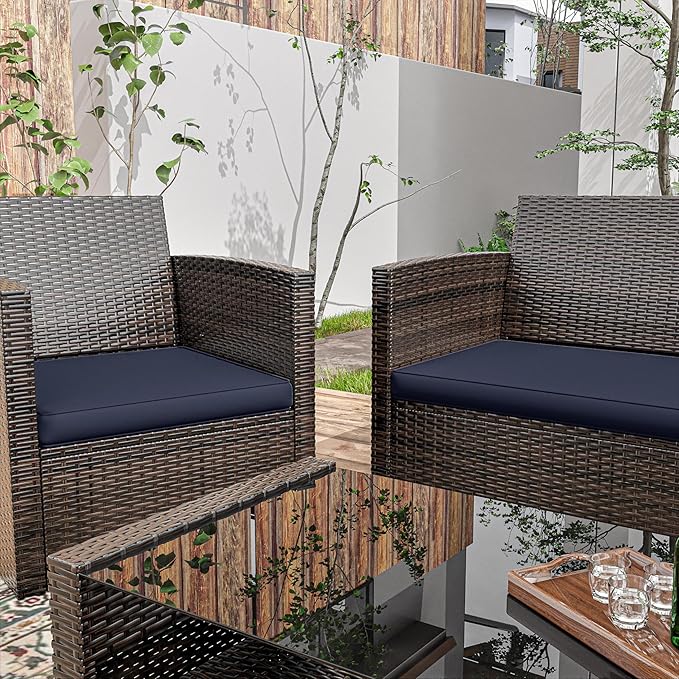 3 Pack Outdoor Patio Seat Cushions Replacement Covers Fit for 4 Pieces 4-Seater Wicker Rattan Patio Conversation Set Loveseat Chair Couch Furniture,36x18x2,18x18x2,Navy Blue-Cover Only