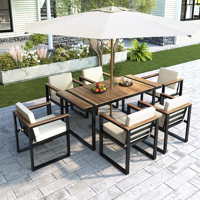 7 Pieces Outdoor Dining Set Patio Dining Table and Chair Set with and Removable Cushions for Patio, Backyard, Garden (Beige@40)