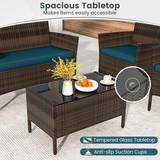 ORALNER 4 Pieces Patio Furniture Set, Rattan Chairs Loveseat with Soft Cushion and Glass Table, Outdoor Wicker Conversation Set for Balcony Garden Backyard Porch Poolside (Peacock Blue)