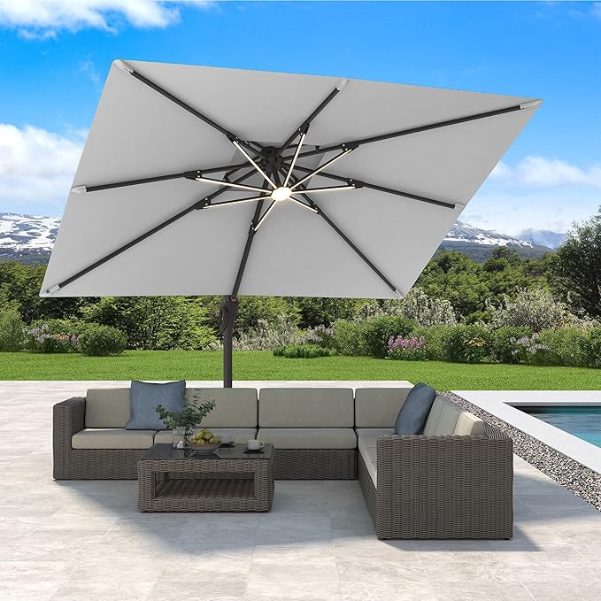 10' X 13' Cantilever Patio Umbrella with Base Included and Led Lights Double Top Rectangular Outdoor Large Offset Umbrellas with 7 Tilts Adjustable 360°Rotation for Deck Pool Garden Backyard, Fog Grey