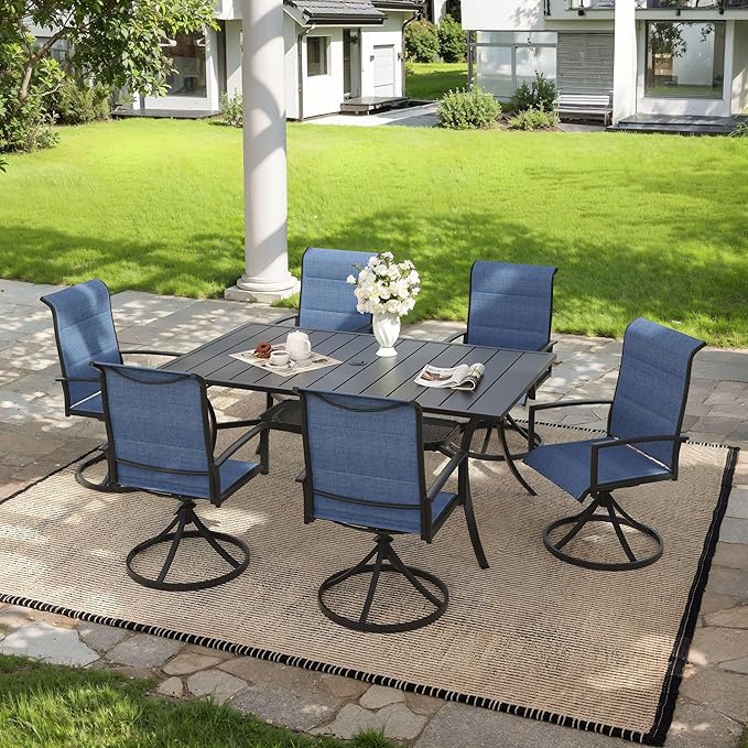 VICLLAX 7 Pieces Outdoor Dining Set, Patio Furniture Set Includes 59" Rectangular Metal Table W/ 1.9" Umbrella Hole and 6 Padded Textilene Swivel Chairs for Porch, Lawn, Garden, Backyard