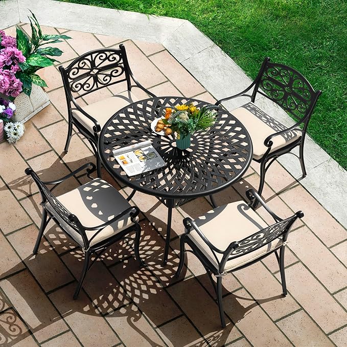 NUU GARDEN 5 Piece Cast Aluminum Outdoor Patio Dining Set, Round Patio Dining Table with 2.24" Umbrella Hole and 4 Patio Dining Chairs with Cushions for Garden, Balcony, Bronze and Beige