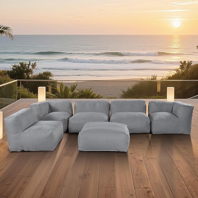 Patio Furniture Set, 6 Pcs Outdoor Conversation Set with Bean Bag Middle Chairs, Corner Chair, Ottomans, Modern Foam Couch Set for Garden, Deck, Balcony (6, Deep Gray)