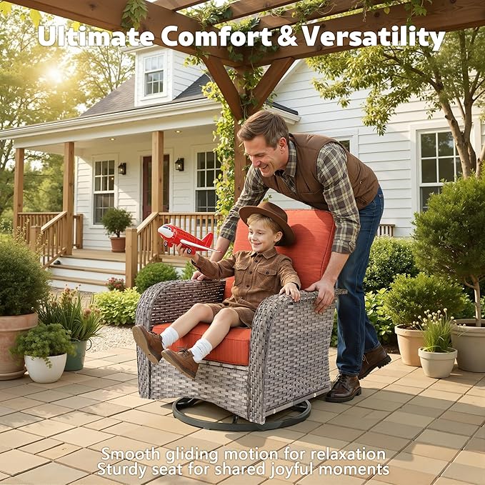 Patio Furniture, All Weather Wicker 6 PCS Outdoor Sofa with High Back Swivel Rocker Chairs, Conversation Set with Solar Light Coffee Table,Light Rattan Red Cushion