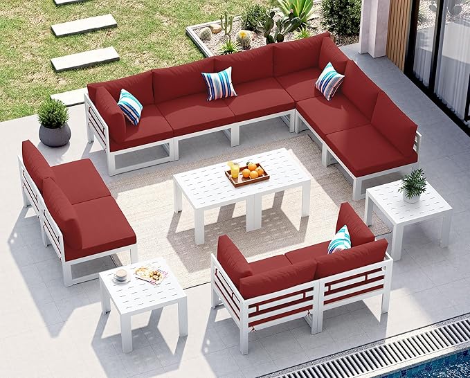 NICESOUL 14 Piece Luxury Aluminum Outdoor Sectional Sofa with End Table, L Shaped Oversized Modular Patio Furniture Set, 29" Deep Wide Seating, 500 lbs Heavy Duty Conversation Set for Backyard, Red
