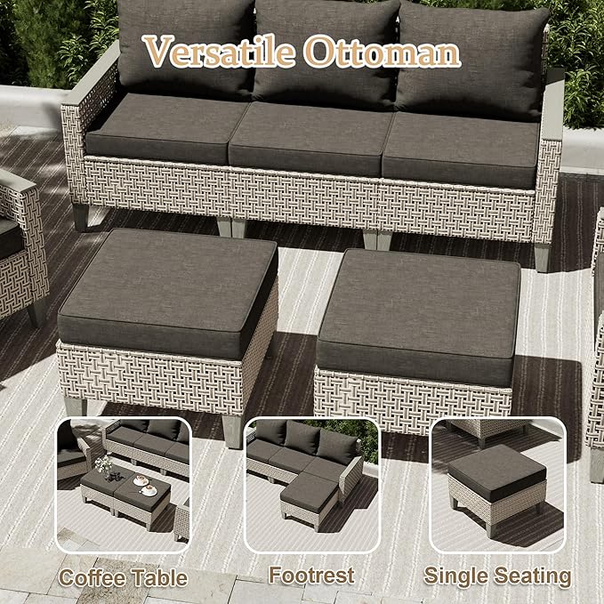 8 Pieces Patio Furniture Set with Fire Pit Table and Ottomans, Modern Outdoor Sectional Sofa with Comfy Cushions, Modular Wicker Rattan Patio Conversation Set, Black