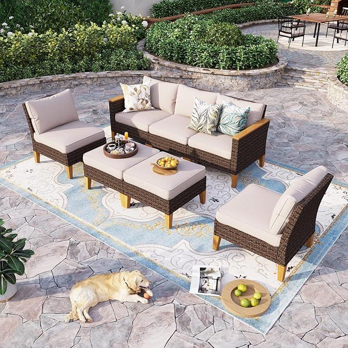 Sophia & William Wicker Patio Furniture Set, Outdoor Rattan Sectional Sofa 7 Piece Patio Conversation Set with 2 x Corner Sofa, 3 x Armless Sofa, 2 x Ottoman for Deck, Backyard, Pool,Beige