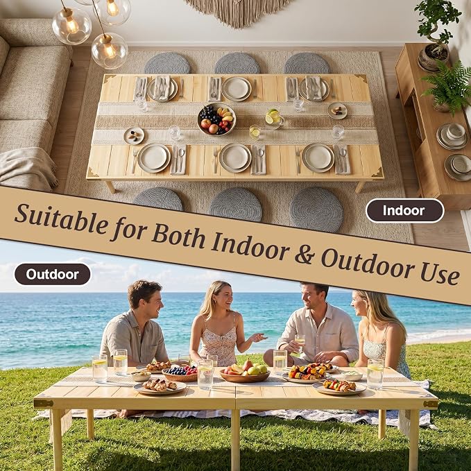 Boho Folding Picnic Table with Table Runner, 59.4" x 28.3" Wooden Low Portable Table with Carrying Handle, 2 Height Settings 14.6/17 Inches for Beach Camping BBQs