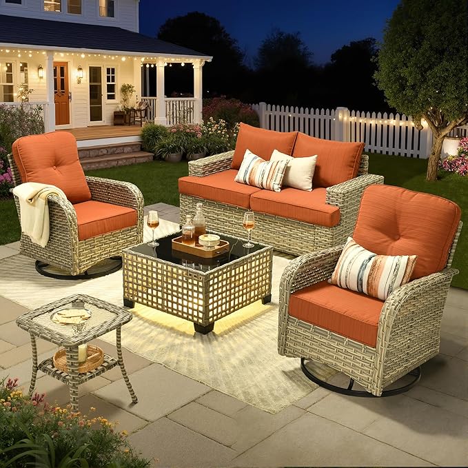 Rattan Patio Furniture Set with Swivel Chairs,6 Pieces Outdoor Sectional with Glowing Coffee Table,Out Door Furniture Conversation Set,Orange Red