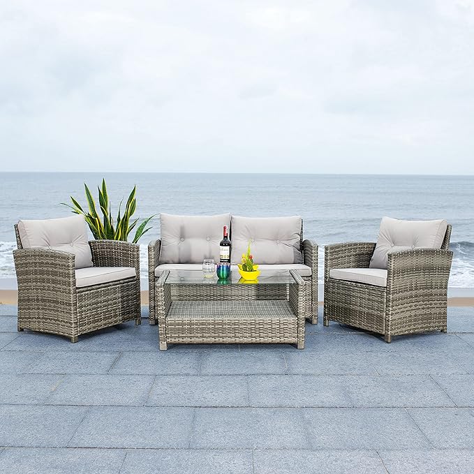 Safavieh PAT7516B Collection Vellor Grey 4-Piece Outdoor Living Patio Set, Grey/Grey