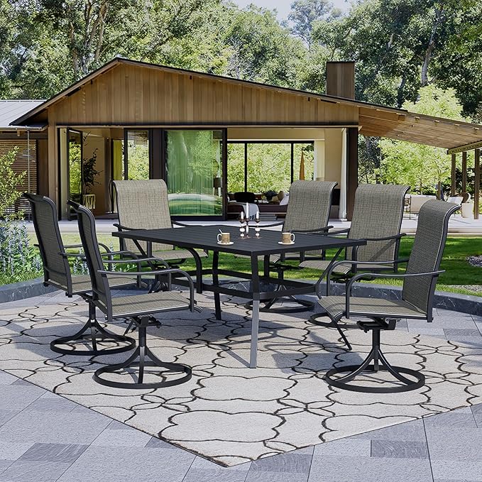 Anmutig 7-Piece Outdoor Dining Set, 6 Swivel Chairs＆63‘’ Rectangular Table All Weather Frame Furniture Set - Tan Grey Style2
