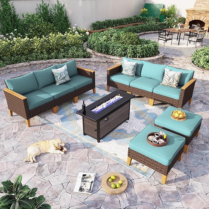 Sophia & William Patio Furniture Set with Fire Pit Table, 9 Piece Outdoor Wicker Furniture Sectional Sofa, Large Patio Rattan Conversation Set with Ottoman & 56" Fire Pit Table(Aqua Blue)