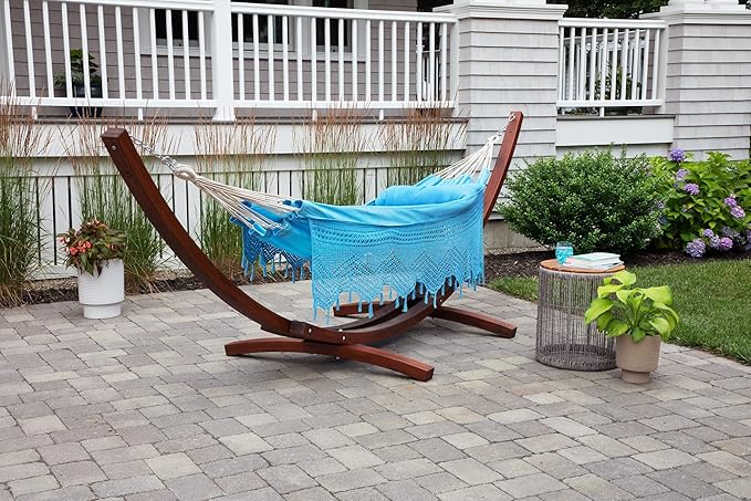 Bahia Brazilian Patio Hammock Crochet Cotton Hammock Double Hammock for Two People Outdoor Patio Swing Chair Hand Woven Mayan Hammock Use Inside Outside Backyard Decor Porch Swing - Blue
