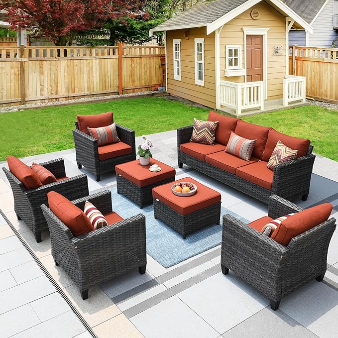 HOOOWOOO Wicker Patio Conversation Sets,7 Piece Outdoor Furniture Set with Ottoman,All Weather Resistant Modern Outside Out Door Rattan Couch Chairs Set,Orange Red