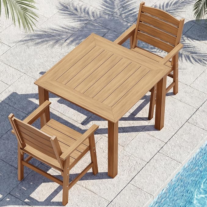 YEFU HIPS Patio Dining Sets:3-Piece All-Weather Outdoor Dining Table and Chairs Square Dining Table Set for 2 - Easy Assembly Outdoor Furniture Set for Lawn Deck Backyard Poolside（Teak）