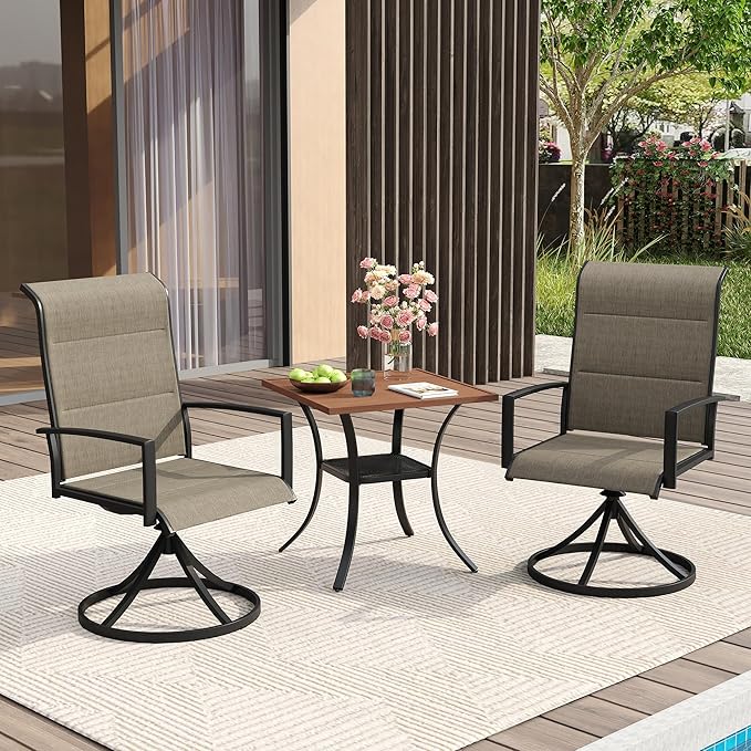 VICLLAX 3 Pieces Small Patio Table and Swivel Chairs for 2, All Weather Patio Dining Set, Walnut Tabletop and Mixed Brown Fabric