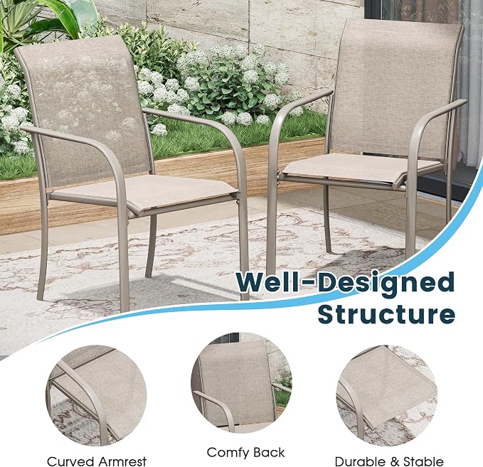 9 Pieces Patio Dining Set, 71" Rectangular Dining Table with Umbrella Hole, 8 Stackable Textilene Fabric Chairs, Metal Structure for Patio, Porch, Garden(Sand Table, Sand Chair)