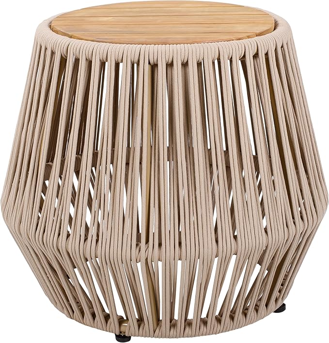 Polibi Outdoor Side Table with Handwoven Rope Base, Weather-Resistant Outdoor/Indoor Accent Table for Patio, Garden, Coastal & Bohemian Decor (Beige + Light Teak)