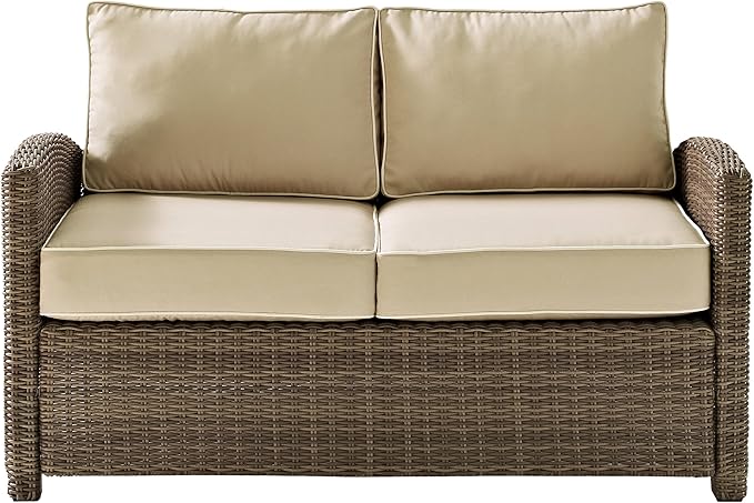 Crosley Furniture Bradenton 5-Piece Outdoor Loveseat Patio Furniture Set, Wicker Conversation Sets for Porch, Brown with Sand Cushions
